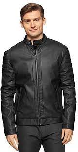 Crafted From Faux Leather To Lend A Sleek Silhouette This Jacket Offers Functional Pocke Faux Leather Bomber Jacket Mens Leather Bomber Jacket Textured Jacket