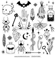 Vector Witch Magic Design Elements Set Hand Drawn Doodle Sketch Magician Collection Witchcraft Symbols Potion Skull C Magic Design Witch Tattoo Doodles