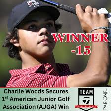 History made. 🏆 Charlie Woods captures his first AJGA title at the Team  TaylorMade Golf Company Invitational, firing a final-round 66 to finish  15-under—well ahead of the competition. And yes, he did