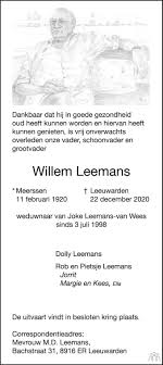 Op deurne leeft vind je alle informatie over dit bedrijf. Willem Leemans 22 12 2020 Overlijdensbericht En Condoleances Mensenlinq Nl