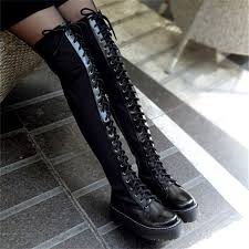 2013 Cyber Monday Sale Winter Punk Black Thick Sole Creepers Flat Platform Over The Knee Lace Up Thigh High Boots Boots Casual High Boots Leather Lace Up Boots