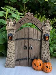 12 95 Miniature Dollhouse Fairy Garden Mini Halloween Resin Keep Out Gate W Pumpkins Ebay Home G Halloween Fairy Garden Halloween Fairy Halloween Garden