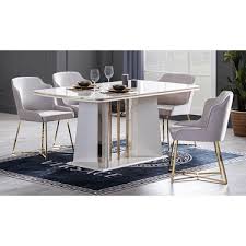 Mavenna yemek odası takımının renk konfigürasyonun da opak beyaz, meşe ve mavi renkte paneller kullanılmıştır. Cadde Yildiz Lauren Gold Yemek Masasi Takimi Fiyati