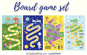 Board game template printable board games templates printable free free printables easter printables candyland board zoo themed board game ideal to encourage children to learn to tell the time as well as develop basic fall into a black hole! Set Of Kids Boardgame Vector Flat Style Set Of Kids Colorful Boardgame Template Amusement Park Space Farm And Travel Canstock