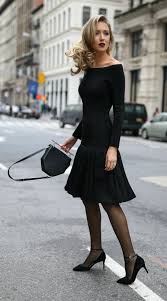 Click For Outfit Details Long Sleeve Black Knit Sparkle Off The Shoulder Pleated Low Waist Dress Ankle Strap Sheer Black Tights Tight Black Dress Fashion