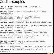 Cancer approaches life with its sensitive, emotional feelers, while aquarius has one foot in another dimension. Zodiac Couples The On And Oft Aquarius Cancer Cancer Aries The Intelligent Couple Aquarxus Gemxni Ergo Libra Aries Aquarius The Adventurous Couple Aquarlus Sagittarius Aries Sagittarius Gemini Libra The Fancy Couple Vlrgo Leo Scorpio Scorpio