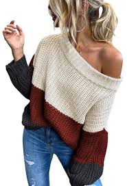Angashion Women S Sweaters Casual One Off Shoulder Oversized Long Sleeve Color Block Patchwork P Knit Sweater Tops Knitted Pullover Sweaters Sweaters For Women