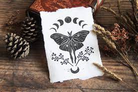 Luna Moth And Moon Phases Linocut Print Moth Tattoo Design Butterfly Art Print Butterfly Art