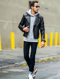 Mens Grey Hoodie And Leather Jacket Street Style Hoodie Outfit Men Gray Hoodie Outfit Leather Jacket Outfits