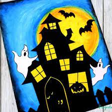 Haunted house scenery drawing for halloween. Oil Pastel Haunted House Craft Projects With Kids