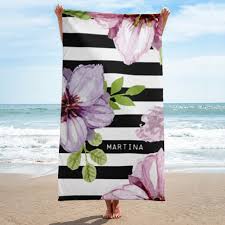 Black And White Striped Beach Towels Personalized Beach Towel Floral Beach Towels Custom Name Towels Monogrammed Towels Elegant Black Personalized Beach Towel Monogrammed Beach Towels Beach Towel