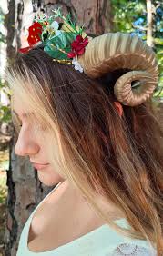 Bronze Spiral Rams Horns Flower Crown Holiday, Bronze Horned Woodland  Tiara, Rams Horn Yule Headpiece With Silk Flowers, Costume Headband
