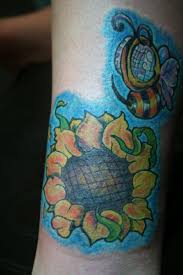 Transformer tattoo bumble bee tattoo transformers bumblebee tattoo designs tattoo ideas tattoo inspiration watercolor tattoos ink facebook. Fairy Tale Cartoon Bee And Sunflower Naturally Colored Tattoo With Pale Blue Haze Tattooimages Biz