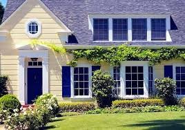 Both colors are very contrast, but they work together as a design. Yellow Door White House Blue Shutters Novocom Top