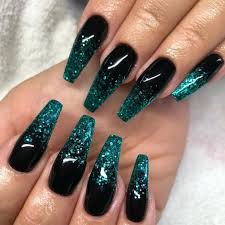 Acrylic nails teal holo & white stamping with gems nail. Glitter Acrylic Nails