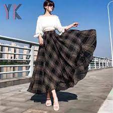 Юбка макси в клетку для мам, элегантная длинная свободная плиссированная  шифоновая юбка с высокой талией, с поясом на резинке, в Корейском стиле, 2  способа ношения | AliExpress