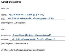 Soweit der aufhebungsvertrag keine abweichenden vereinbarungen enthält, bleibt es weiterhin bei den mietvertraglichen vereinbarungen aus dem o.g. Formulare Vorlagen