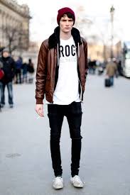 Men S Brown Leather Bomber Jacket Black Hoodie White And Black Print Crew Neck T Shirt Black Ripped Skinny Jeans Mens Outfits Classy Outfits For Teens Leather Jacket Outfits