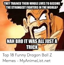 Young people find the characters such. They Trained Their Whole Livesto Become The Strongest Fighters In The World Nah Bro It Was All Just A Trick Henvecom Top 18 Funny Dragon Ball Z Memes Myanimelistnet Funny Meme