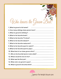 The free printable includes a styled sheet with eight different writing prompts for guests to fill out and add their funny. Who Knows The Groom Best Free Printable Bridal Shower Game