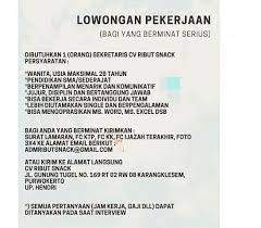  Lowongan Kerja Cv Ribut Snack Pendidikan Sma Surat
