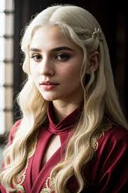 A close up of a woman with blonde hair wearing a dress