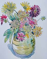 Dahlias In Japanese Ginger Jar Watercolour Watercolors Watercolours Watercolourpainting Sketch Sketchdaily Sketchbook S Flower Art Dahlia Japanese Art