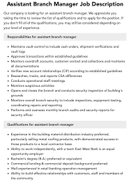 Assistant Branch Manager Job Description | Velvet Jobs