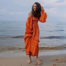 Orange Linen off the Shoulder Midi Dress OLENA, Special Occasions off Shoulder Linen Dress, Wedding Guest Dress - Etsy