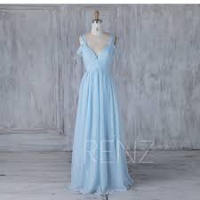 Bridesmaid Dress Light Blue V Neck Chiffon Wedding Dress Off Shoulder Sleeves Long Prom D Chiffon Party Dress Baby Blue Bridesmaid Dresses Blue Chiffon Dresses