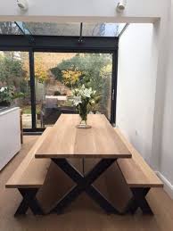 Brooklyn + max keiran 66 in. Vintage Industrial Modern Chic Oak X Frame Chunky Dining Table Set Steel Frame Chunky Dining Table Dining Table With Bench Modern Dining Table