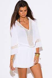 Shop All White Cotton Gauze Crochet Lace Trim Bell Sleeve Boho Beach Cover Up Tunic Mini Dress Fashion Mini Dress Dresses