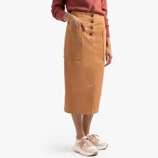 Women fashion corduroy hight waist pocket button bow skirt elastic short skirt. Cotton Straight Midi Skirt With Pockets Camel La Redoute Collections La Redoute