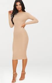 Basic Stone Ribbed Long Sleeve Midi Dress In 2020 Long Sleeve Midi Dress Ribbed Midi Dress Long Sleeve Midi