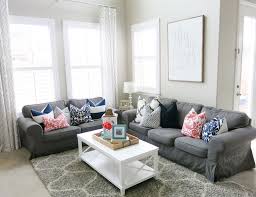A Fresh Living Room With Pops Of Colors Navy Aqua Gray And Coral Living Room Grey Living Room Decor Colors Red Living Room Decor