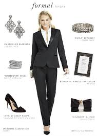 When figuring out what to wear to a wedding, remember that it's rude to look more formal than the bride, and if the wedding is casual, her dress might be on the more simple side, she explains. Women S Tuxedo For A Wedding Or Black Tie Event Dress For The Wedding Black Tie Event Dresses Tuxedo Women Black Tie Wedding Attire