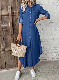 Vestido Camisa Jeans Feminino Midi Com Botões – Casual E Versátil Azul / P