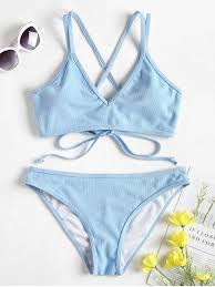 Cross Back Lace Up Bikini Set Bikinis Bikini Set Light Blue Bikini