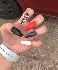 It looks natural and nice holding the color without separating or streaking, making your tips magical and stylish. Red White And Black Mix Match Nails Red Black Nails White Acrylic Nails Red And White Nails