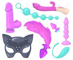 Sex Toys Set. Vibrator, Dildo, Artificial Penis, Butt Plugs With Furry  Fluffy Tail, Latex Cat Mask. Vector Illustration For Erotic Sex Shop, Adult  Store Accessories, Role Play Concept Royalty Free SVG, Cliparts,