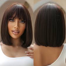 Factory Outlet Black Brown Bob Synthetic Wigs With Bangs Short Straight  Daily Wig for Women Party Lolita Natural Looking Hair