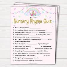 Can you remember what peter piper picked, or who were the three men in the tub? Baby Sprinkle Rainbow Blue Baby Shower Nursery Rhyme Quiz Game Printable