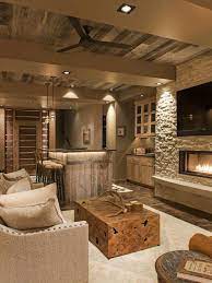 11 Breathtaking Ideas For A Wood Ceiling Basement Living Rooms Rustic Basement Basement Design