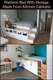 Instead of building it out of pallets or plywood, you are going to be using … kitchen cabinets. Making A Platform Bed Out Of Kitchen Cabinets Platform Bed With Storage Bed Storage Kitchen Cabinets Grey And White