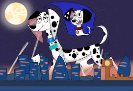 200565 - safe, artist:violetdalmatian, delilah (101 dalmatian street),  dylan (101 dalmatians), canine, dalmatian, dog, mammal, 101 dalmatian  street, 101 dalmatians, disney, city, collar, female, giantess, macro,  moon, night, outdoors, spotlight - Furbooru