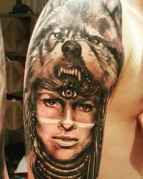 Tattoo Wolf And Native American Girl It S Mine And I Love It Native American Girls Indian Headdress Tattoo Wolf Tattoos