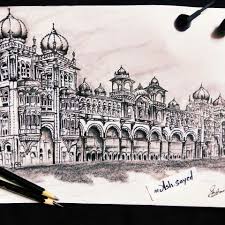 A Pencil Sketch Of Mysore Palace The One Of The Greatest Heritage Site Of India Indian Art Paintings Pencil Art Drawings Architecture Drawing