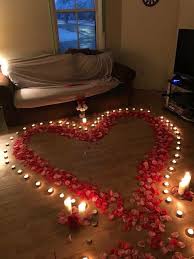 Romantic Heart On The Floor Made With Candles And Rose Petals Romanticidea Romantic Valentines Day Ideas Birthday Surprise Boyfriend Romantic Room Decoration