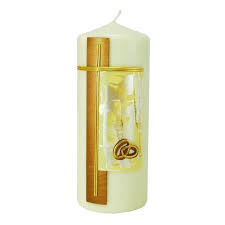 Die leuchtkraft der orangen farbe verbindet sich mit der schlichten eleganten schrift und wird damit zum highlight der silbernen hochzeitsfeier. Kerze Zur Goldenen Hochzeit Kreuz Ringe Segensreich Klostershop Maria Laach