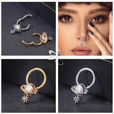 ZS 1PC 16G Star Moon Nose Piercings Gold Plated Dangle Nose Ring Stainless  Steel Septum Clicker Zircon Helix Cartilage Piercing